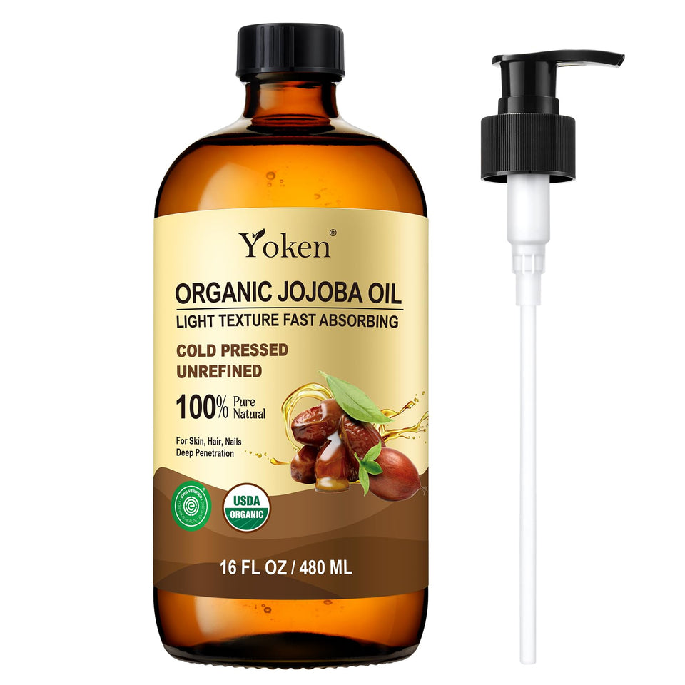 Yoken amber glass bottle front view showing organic jojoba oil benefits