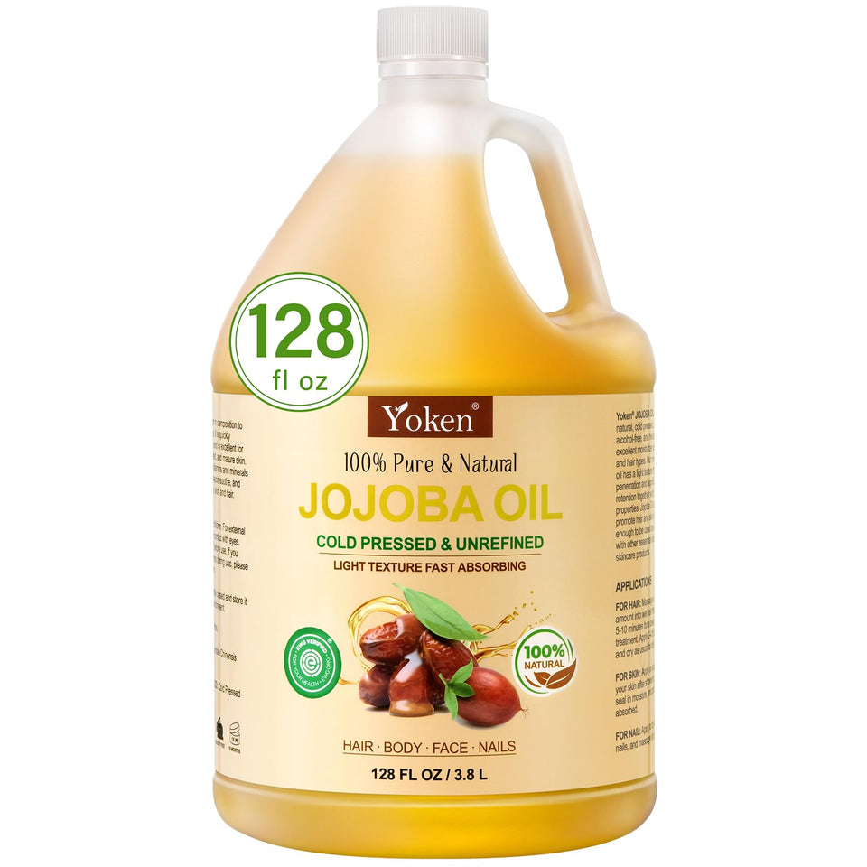 Yoken jojoba oil front packaging shows gallon bottle for bulk use