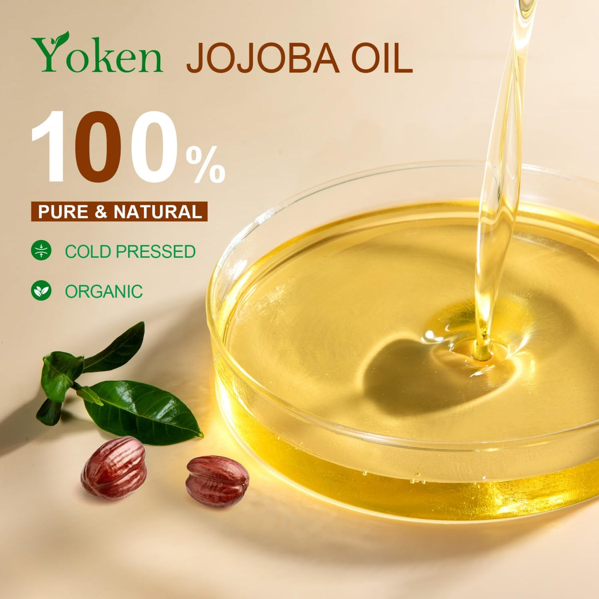 Yoken jojoba oil bottle label detail showing organic and EWG verification