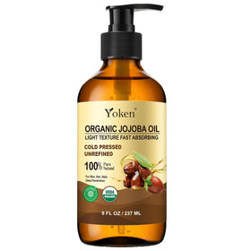 Yoken amber bottle front view showing organic jojoba oil and clear labeling benefit