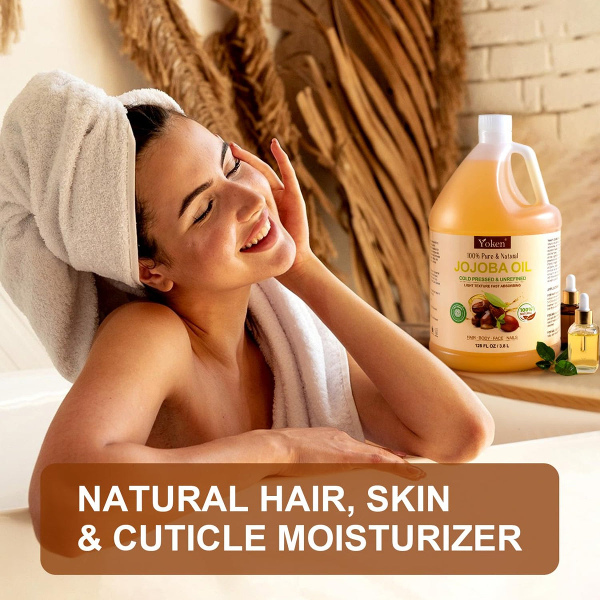 Yoken jojoba oil applied to hair ends demonstrating nourishment benefit