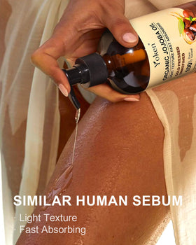 Yoken jojoba oil pouring close-up showing lightweight texture and fast absorption