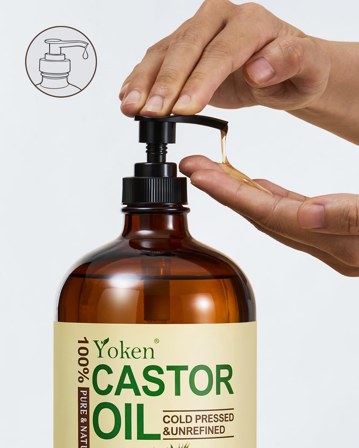 Yoken castor oil texture pouring from bottle showing rich, nourishing viscosity