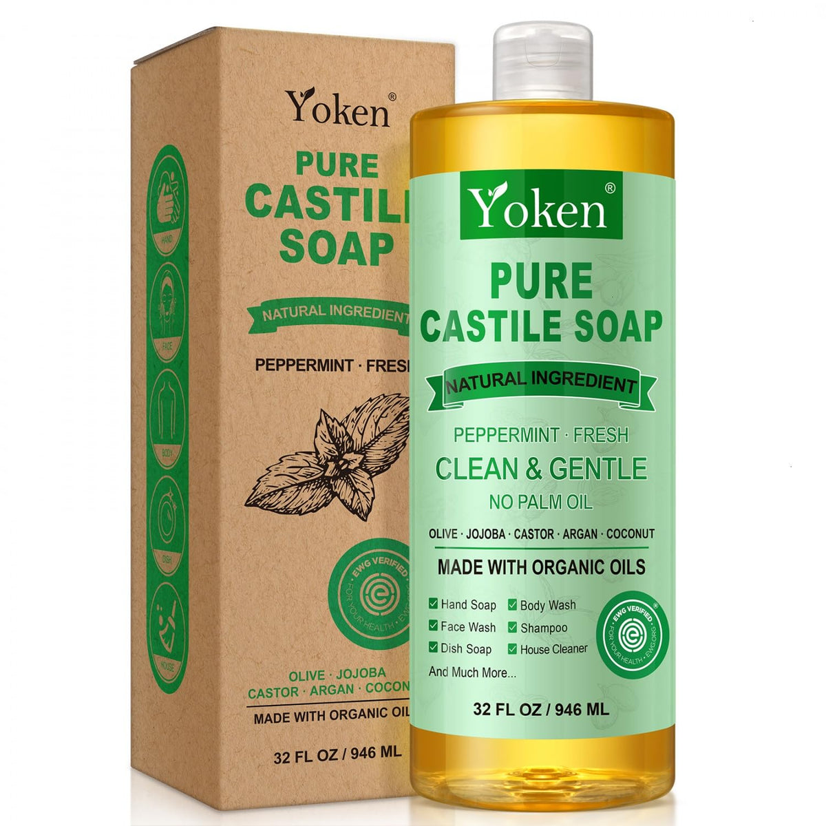 Yoken peppermint castile soap front bottle showing label and size benefits
