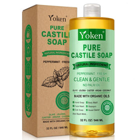 Yoken peppermint castile soap front bottle showing label and size benefits