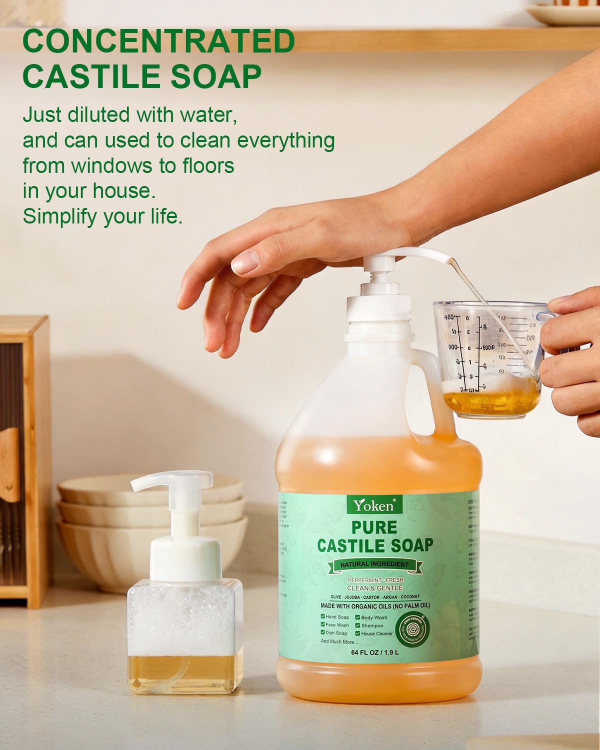 Yoken soap being poured and producing lather for effective cleaning