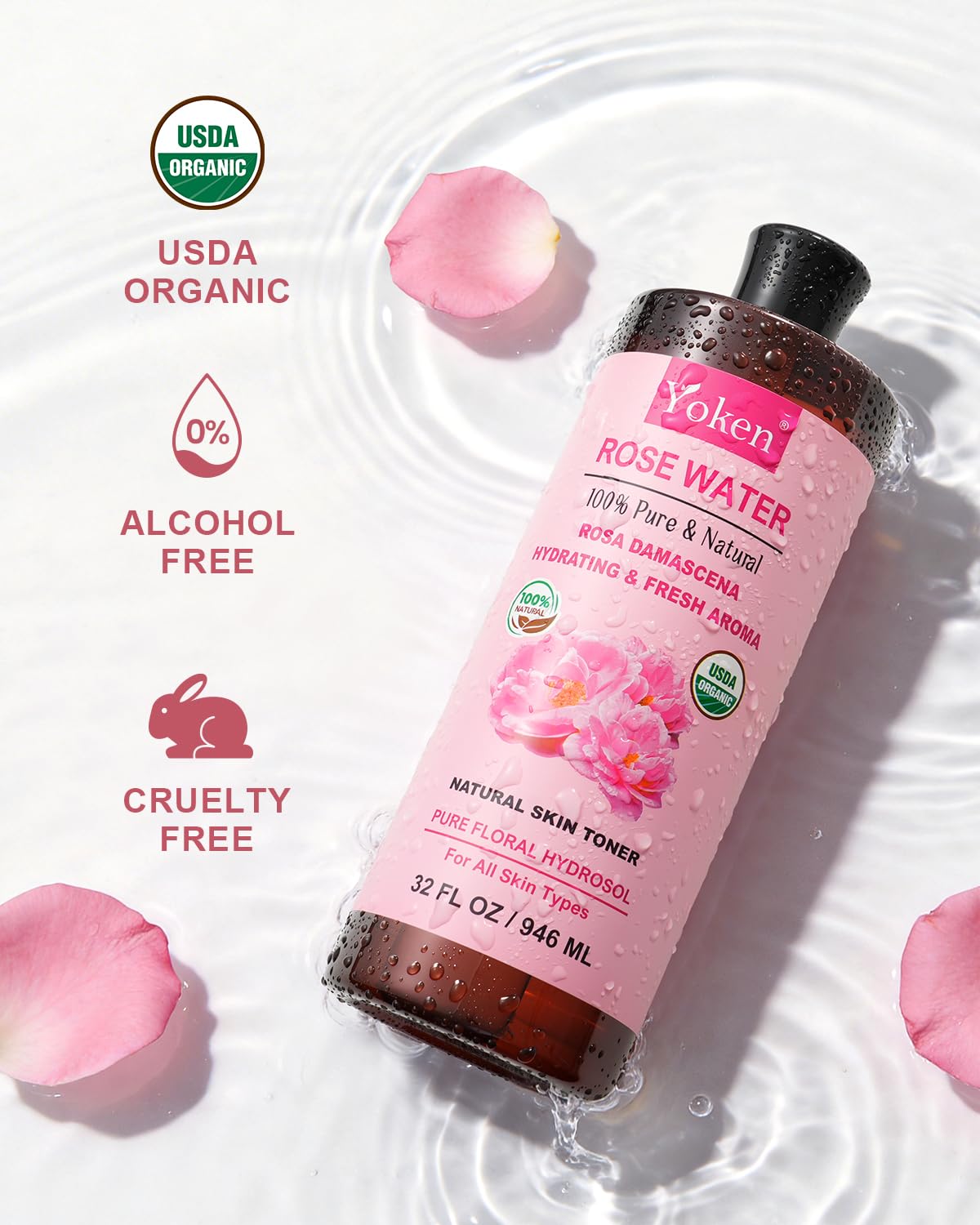 Yoken rose water fine mist spraying onto face for instant hydration benefit