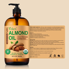Yoken almond oil 32 oz next to common objects showing volume and value