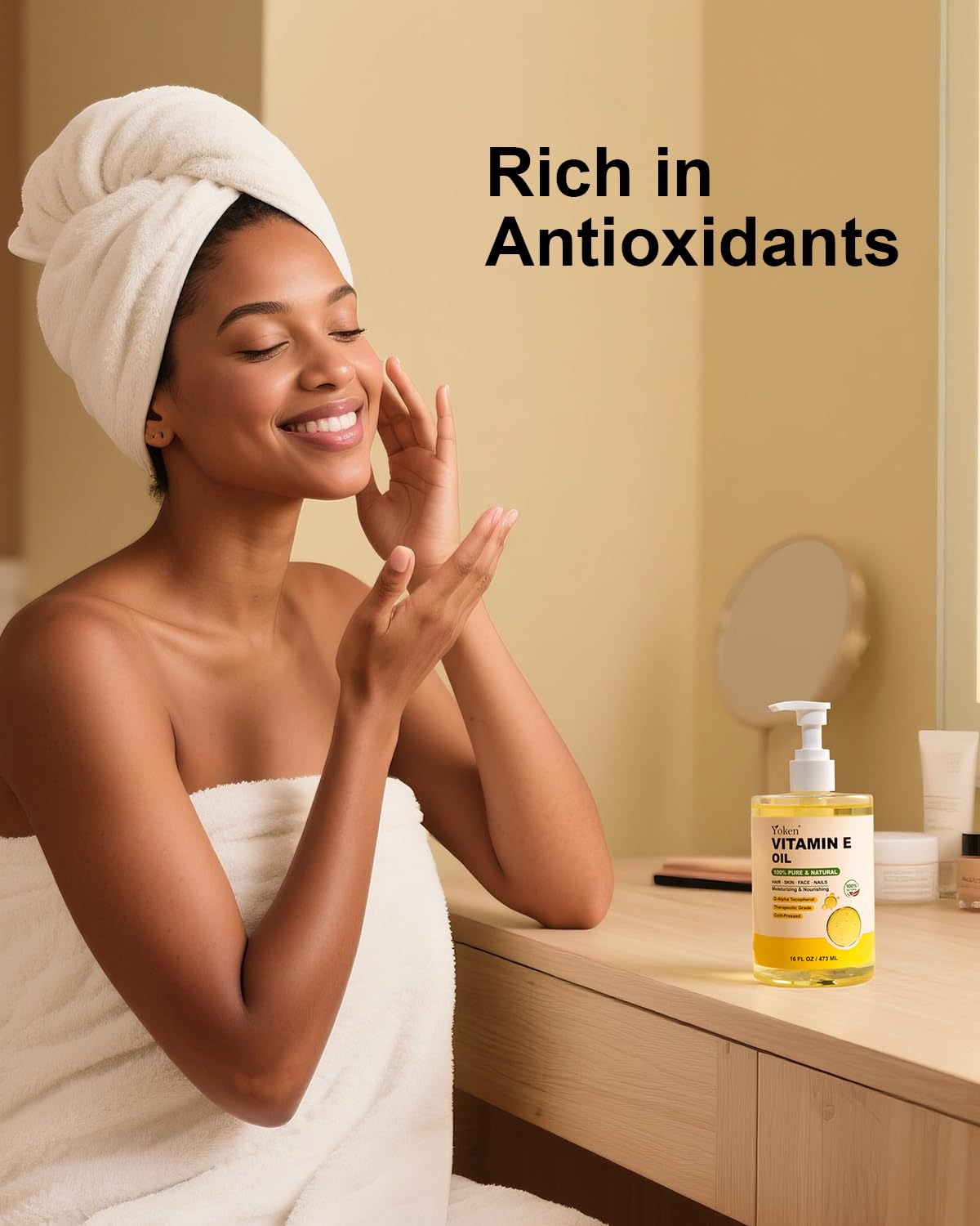 hand applying Yoken Vitamin E Oil for quick absorption and hydration