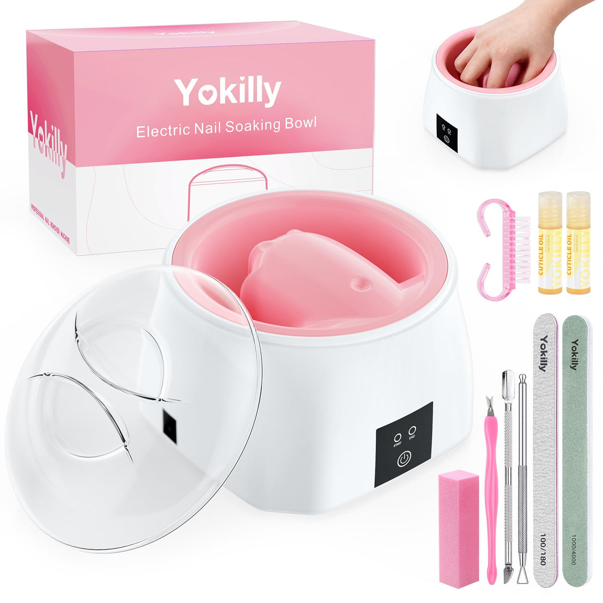 Yokilly front view white bowl showing compact design and fast soak-off benefit