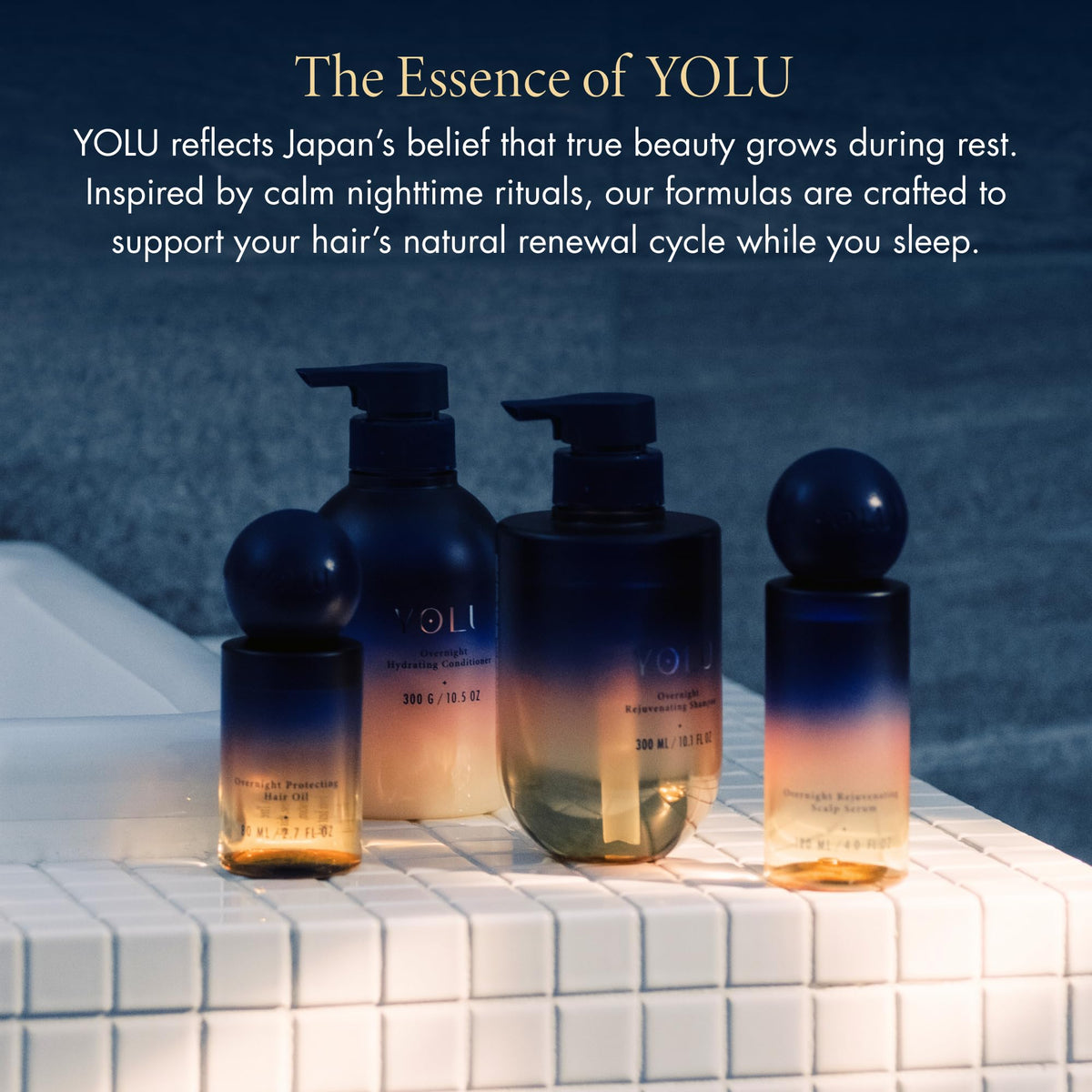 YOLU shampoo in bathroom scene promoting relaxing bedtime routine
