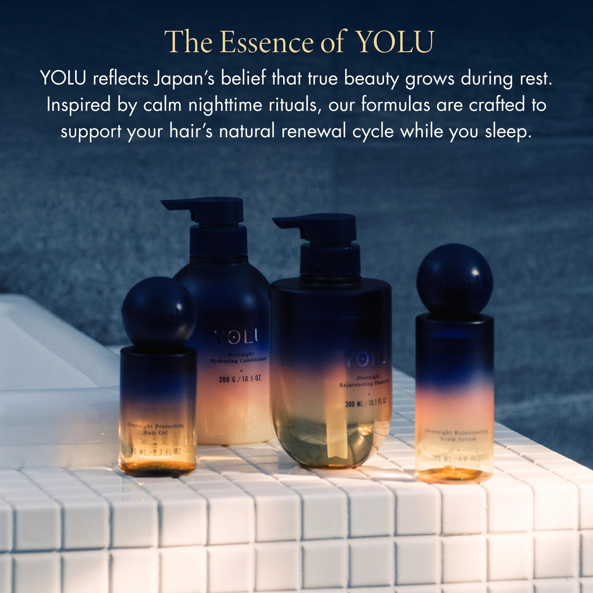 YOLU jar on bedside table with candle, suggests calming nighttime routine