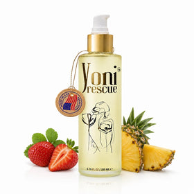 Yoni Rescue front bottle displaying strawberry pineapple scent and benefit of hydration