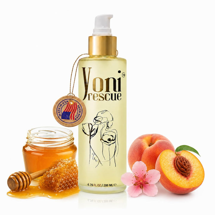 Yoni Rescue front packaging showing peach bottle and calming scent benefits