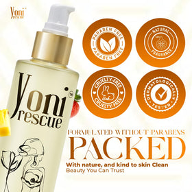 Yoni Rescue surrounded by ingredient bottles conveying nourishing oil blend