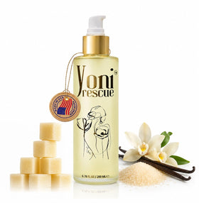 Yoni Rescue front bottle showing label and vanilla scent, promotes daily hydration