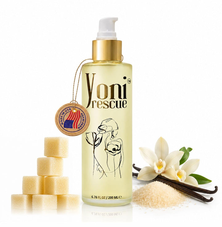 Yoni Rescue front bottle showing label and vanilla scent, promotes daily hydration