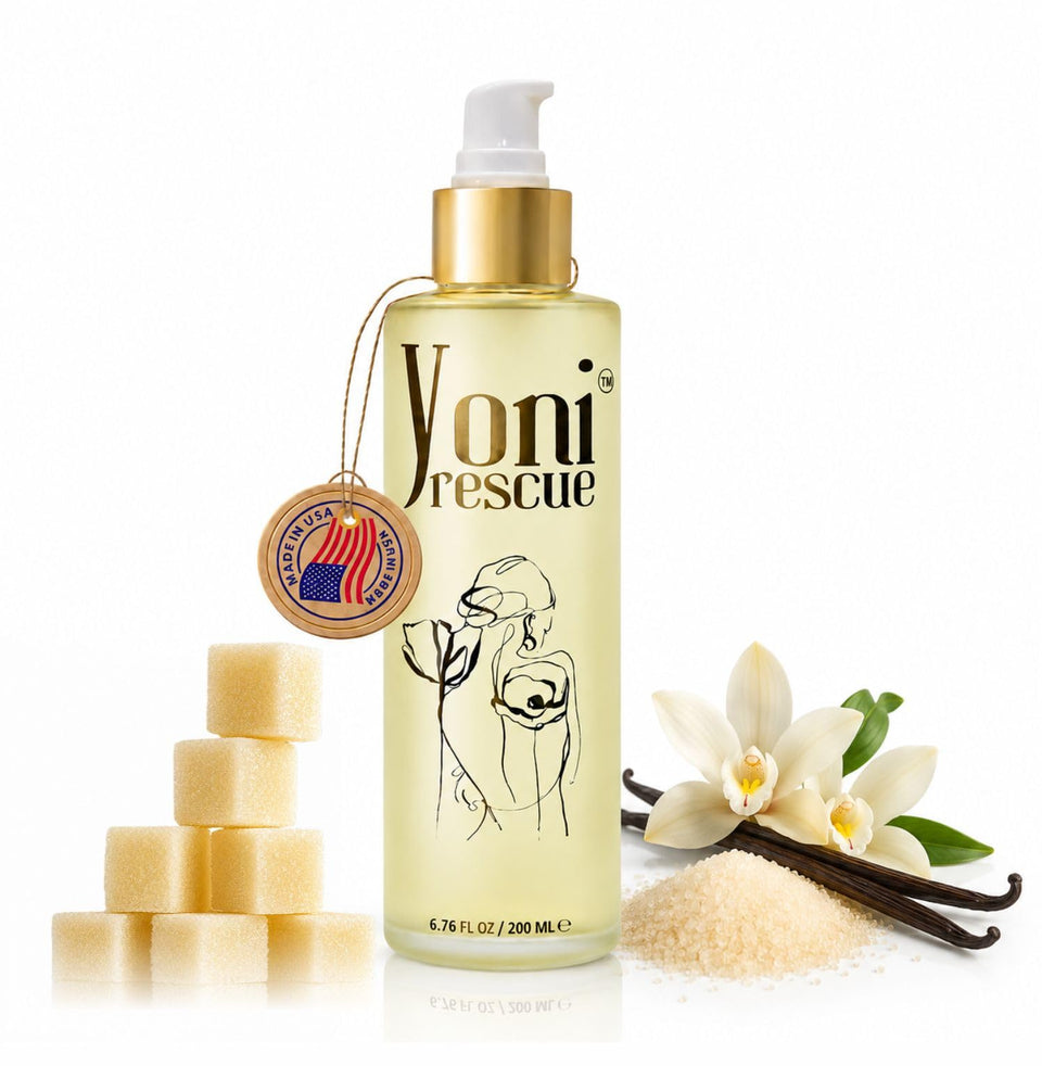 Yoni Rescue front bottle showing label and vanilla scent, promotes daily hydration