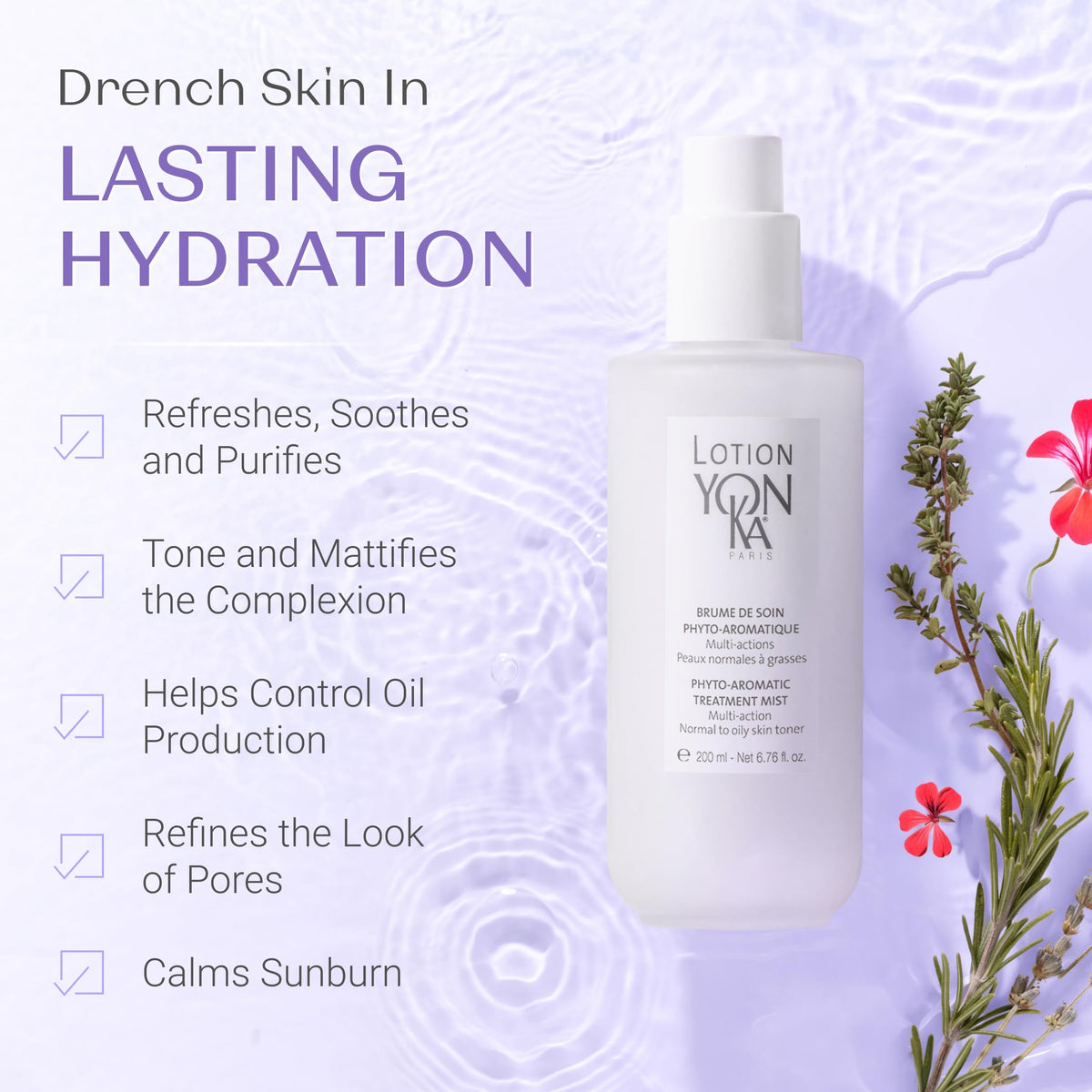 Yonka bottle beside aloe leaves highlighting soothing, hydrating ingredient