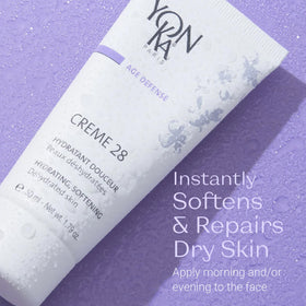 Yonka Crème 28 on bathroom shelf in lifestyle setting conveying daily skincare ritual benefits