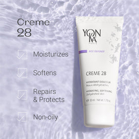 Yonka Crème 28 open jar texture close-up illustrating lightweight, non-greasy cream