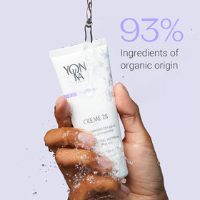 Yonka Crème 28 beside a ruler to show 1.79 fl oz scale and travel-friendly size