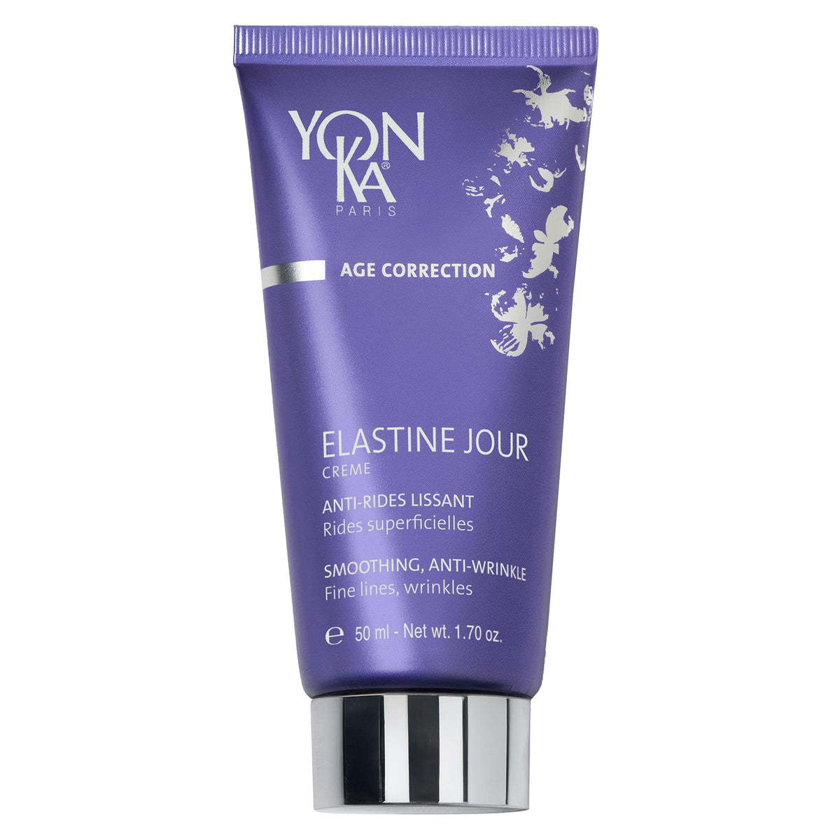 Yonka Elastine Jour front jar showing product packaging and elegant design benefit: visible anti-wrinkle care