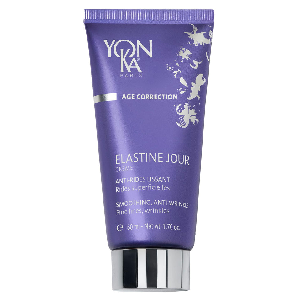 Yonka Elastine Jour front jar showing product packaging and elegant design benefit: visible anti-wrinkle care