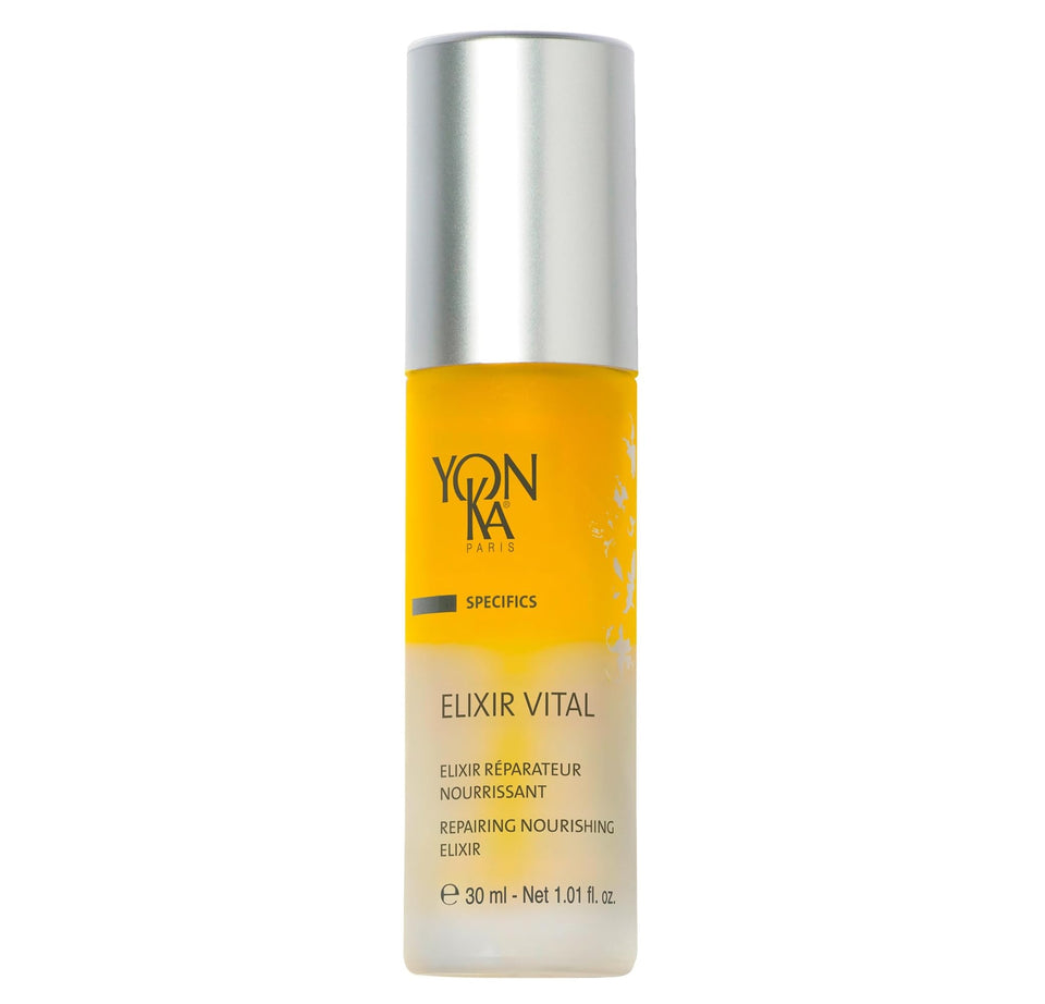 Yon-Ka Elixir Vital front bottle showing sleek design and glow benefit