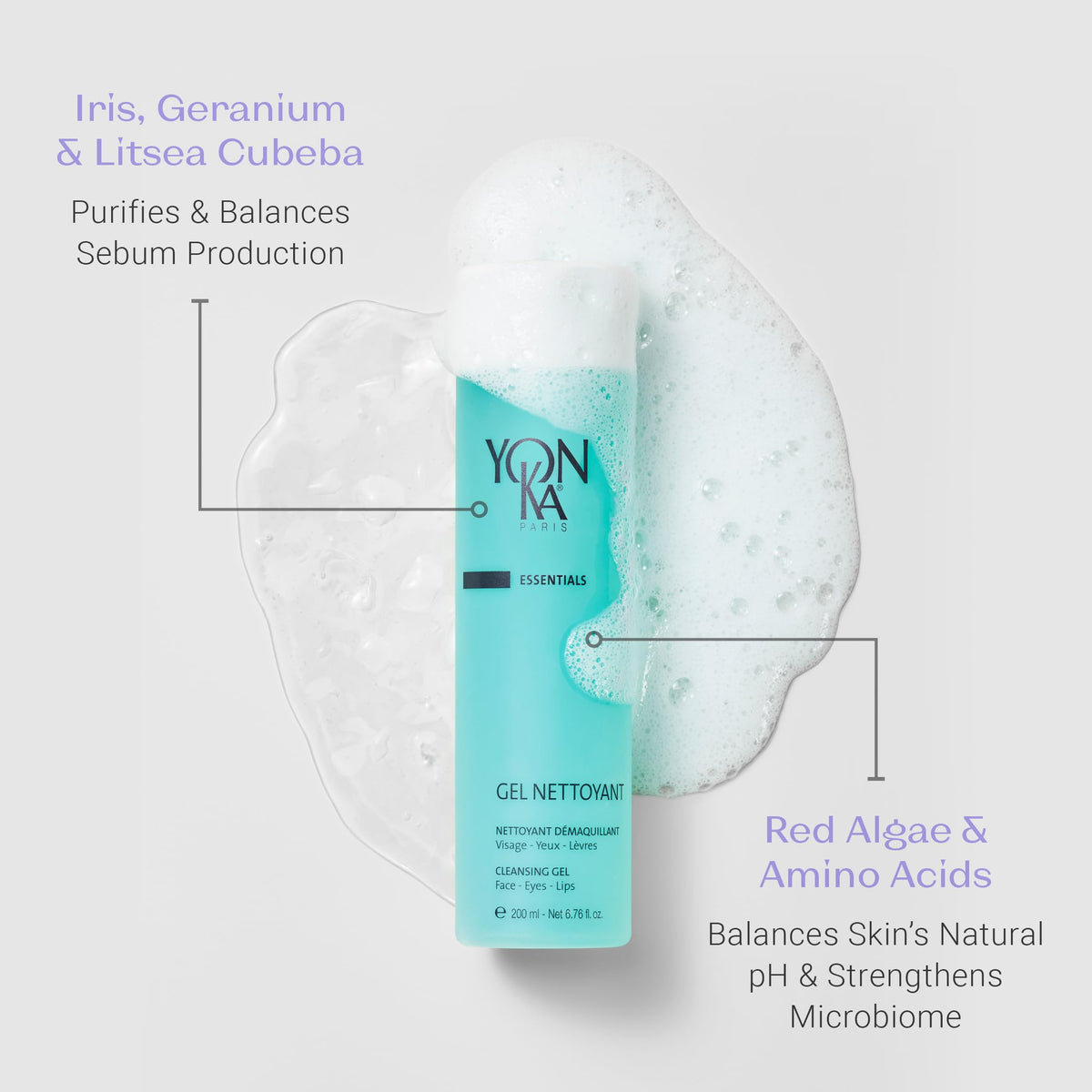 Yonka gel cleanser ingredients label featuring red algae and amino acids for skin balance