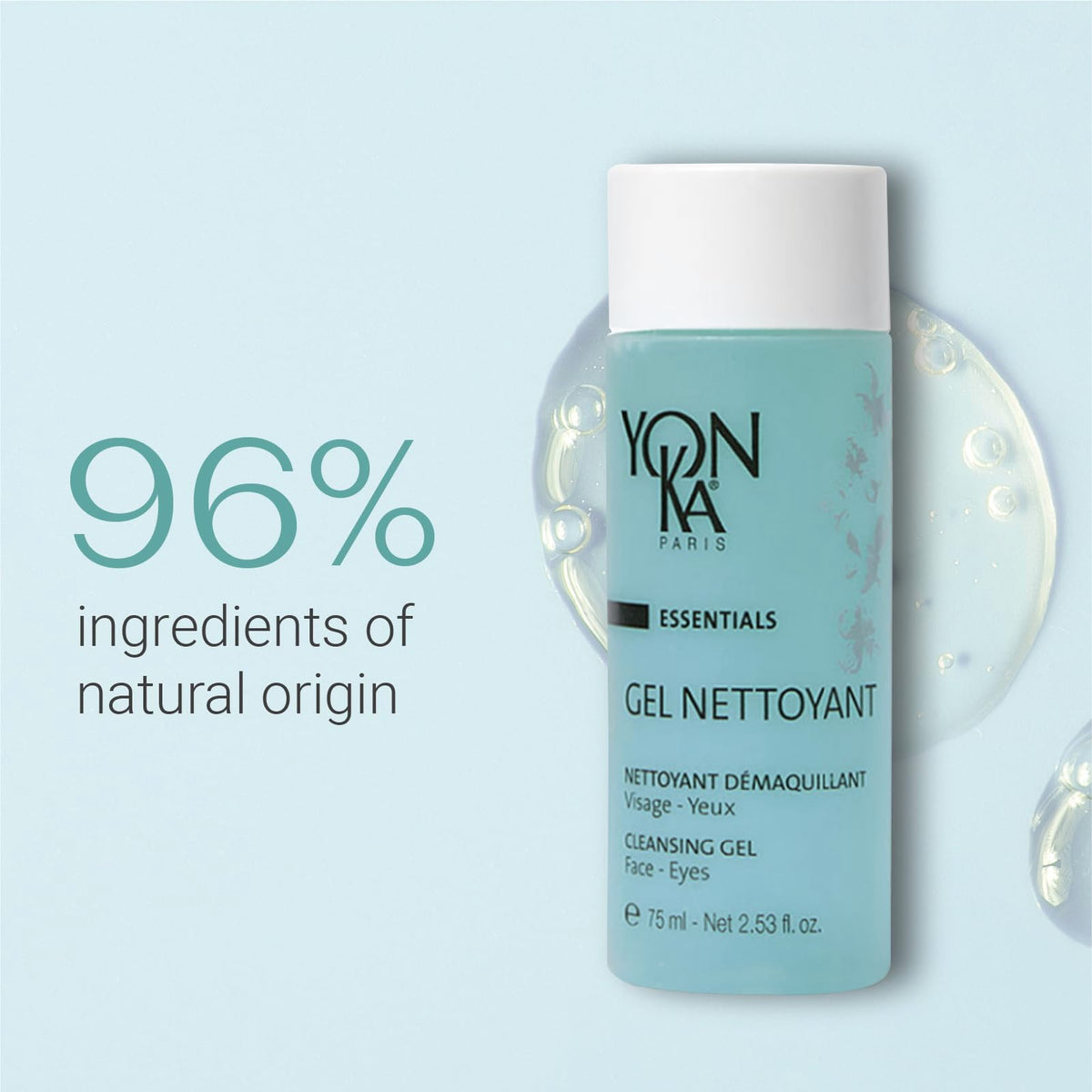 Yonka bottle on bath shelf lifestyle scene promoting daily skincare ritual