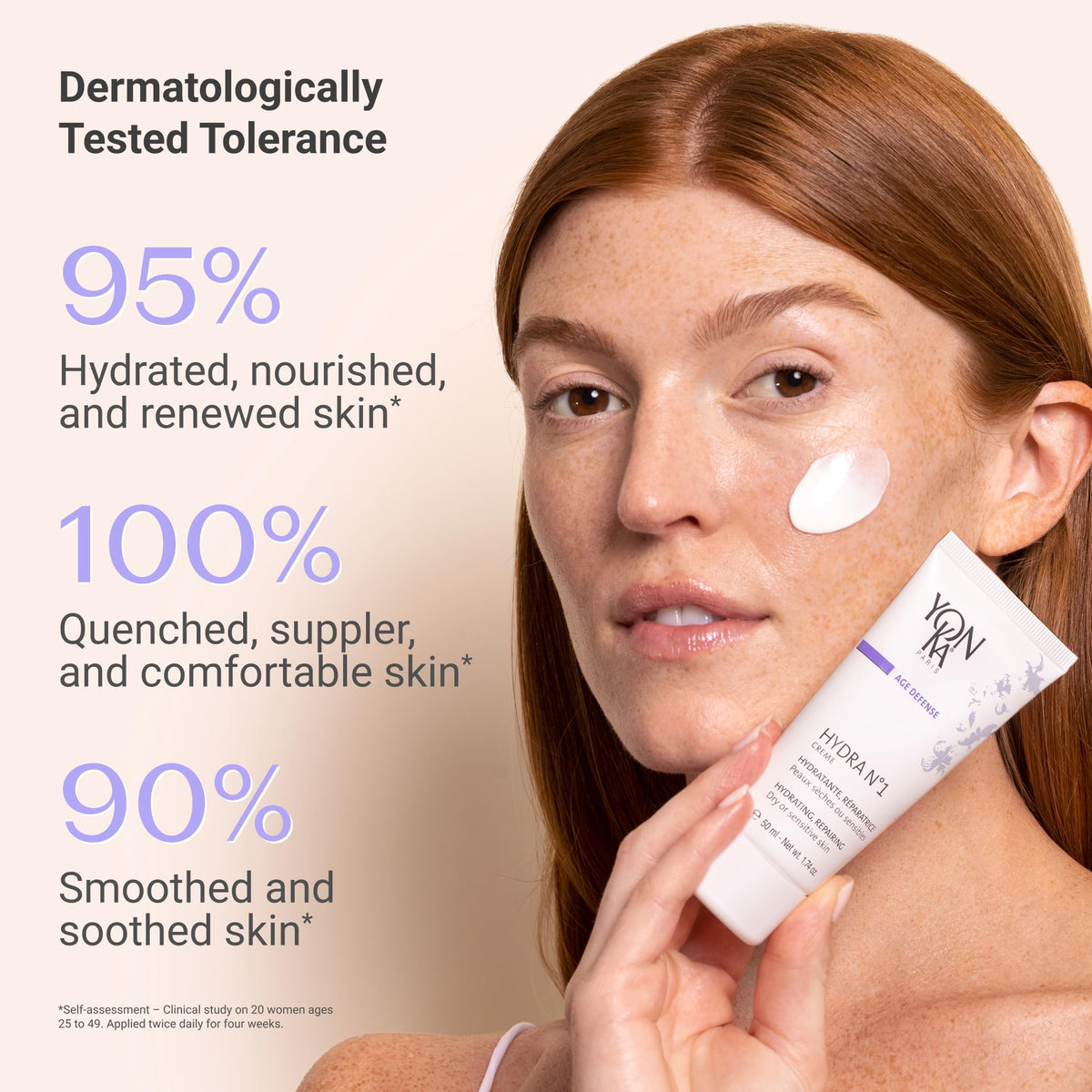 Yonka cream spread on skin demonstrating smooth finish and hydration benefit