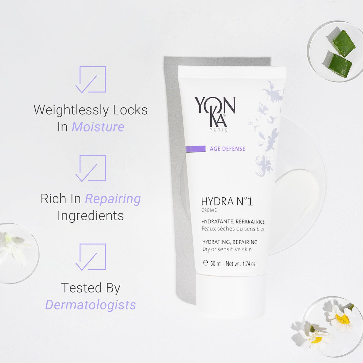 Yonka open cream texture showing rich, absorbent finish for immediate softness