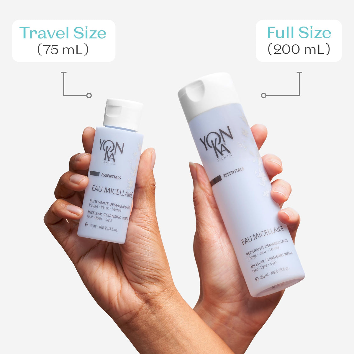 Yonka bottle next to hand demonstrating 6.75 oz travel-friendly size