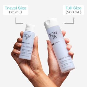 Yonka bottle next to hand demonstrating 6.75 oz travel-friendly size