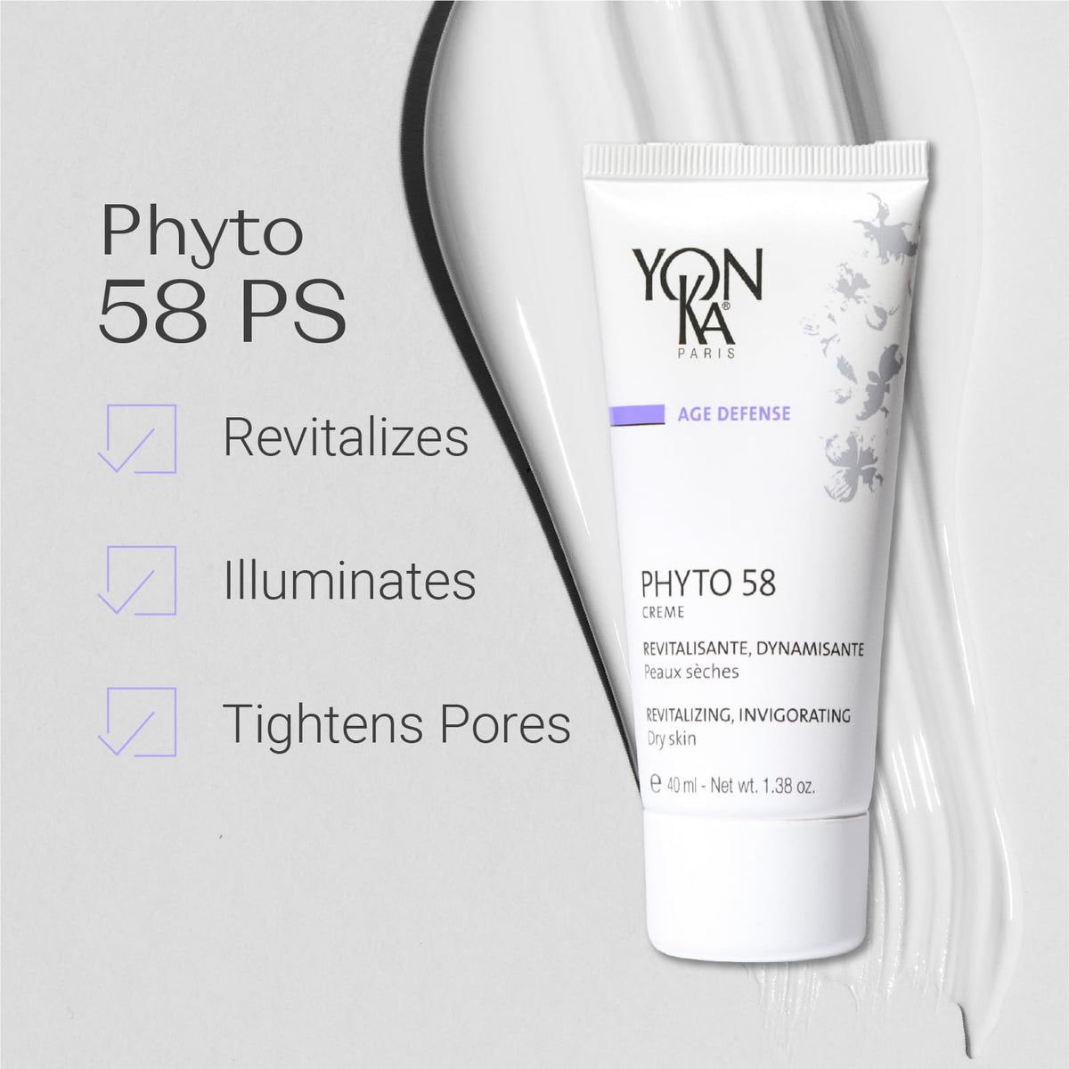 Yonka Phyto 58 PS cream texture close-up showing smooth moisturizing finish