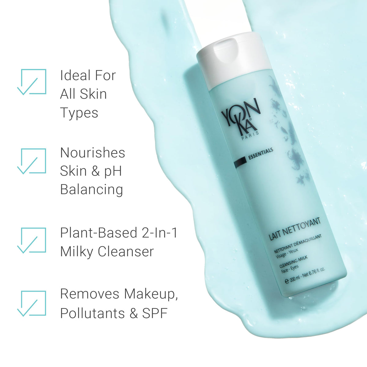 Yonka pouring dispense of cleanser demonstrating controlled application and non-greasy finish
