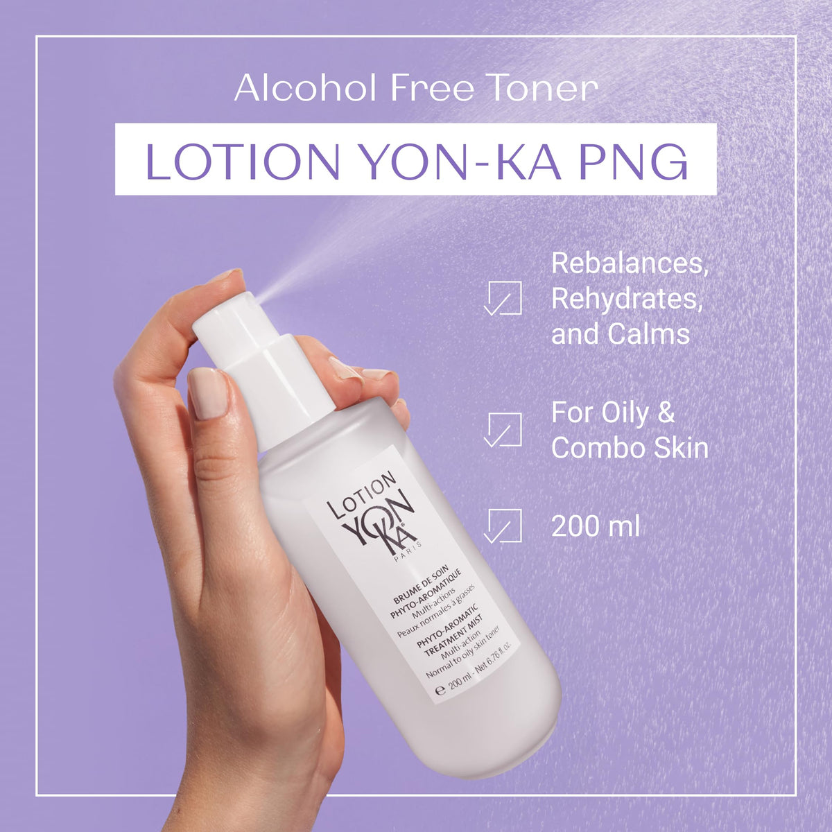 Yonka close-up spray nozzle of Lotion P.N. G. demonstrating fine mist application
