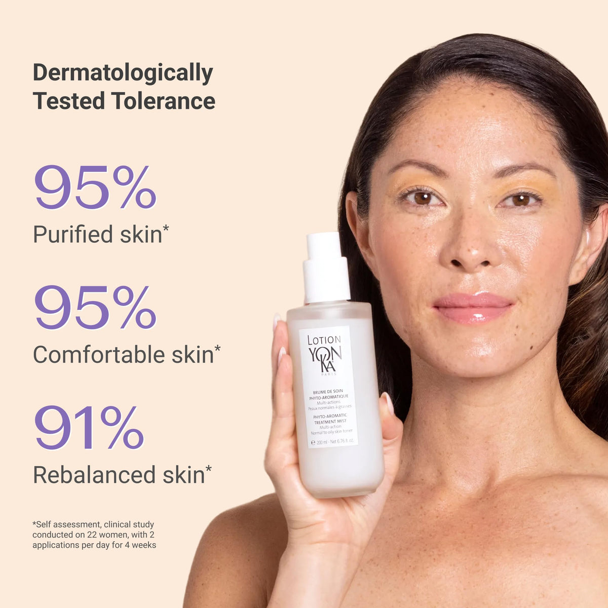 Yonka mist droplets on cheek illustrating hydration without shine for clearer skin