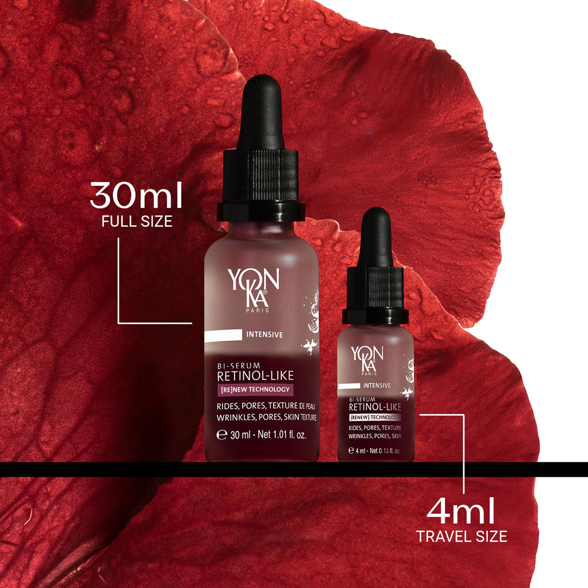 Yonka vial on travel bag lifestyle shot emphasizing travel-ready skincare benefit