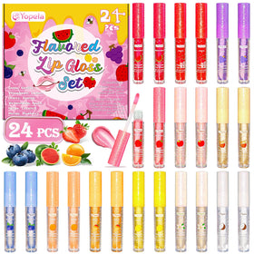 Yopela front packaging showing 24 mini fruity lip glosses and vibrant design for gifting