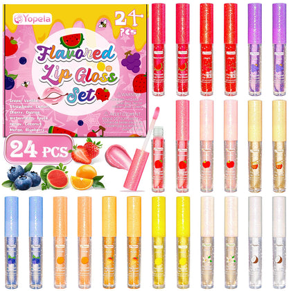 Yopela front packaging showing 24 mini fruity lip glosses and vibrant design for gifting