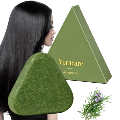 yoracare front packaging showing the rosemary shampoo bar and benefits