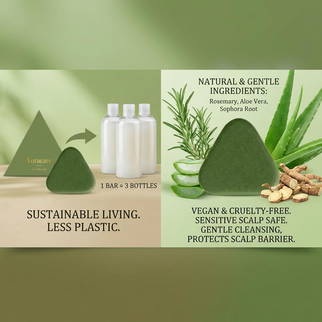 yoracare shampoo bar on bathroom shelf showing eco-friendly lifestyle benefit
