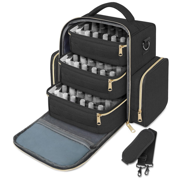YOREPEK front view of closed nail polish organizer showing sturdy handle and compact shape