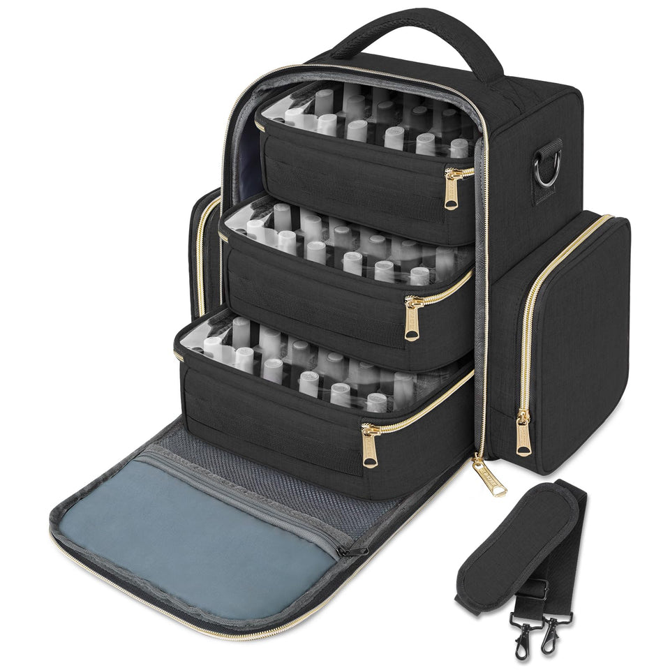 YOREPEK front view of closed nail polish organizer showing sturdy handle and compact shape