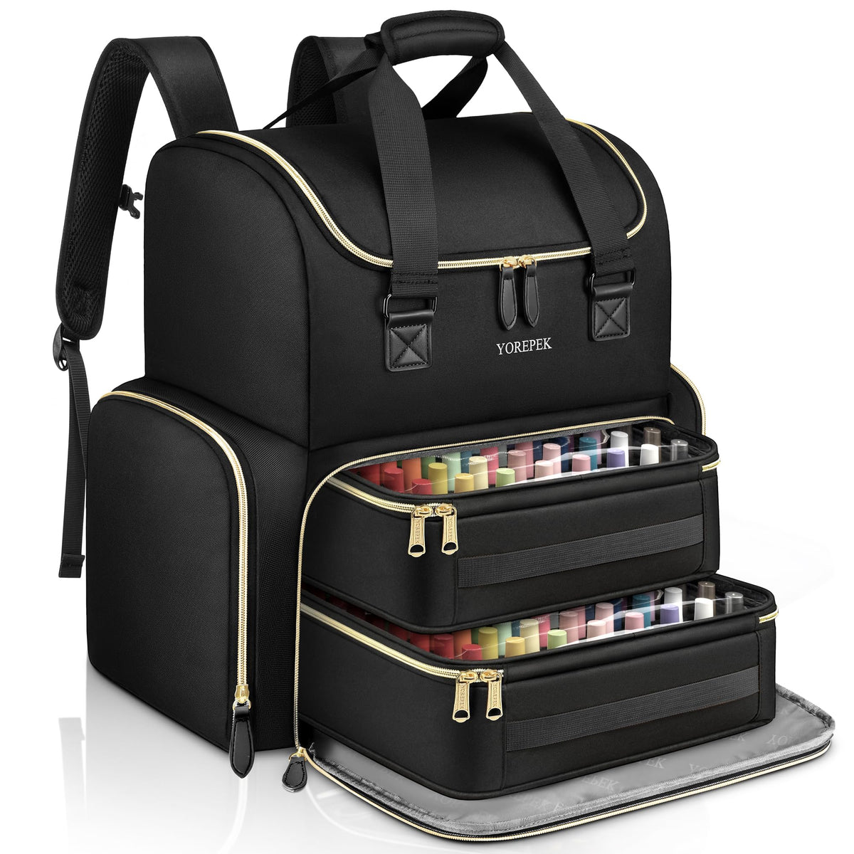 YOREPEK front view showing packed organizer with neat bottles and easy transport benefit