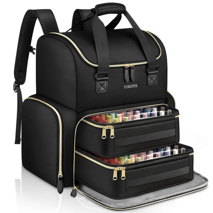 YOREPEK front view showing packed organizer with neat bottles and easy transport benefit