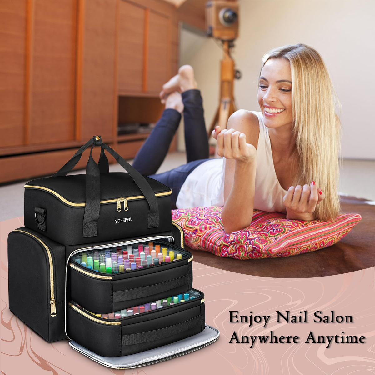 YOREPEK lifestyle travel setting with bag on suitcase emphasizing travel-friendly packing