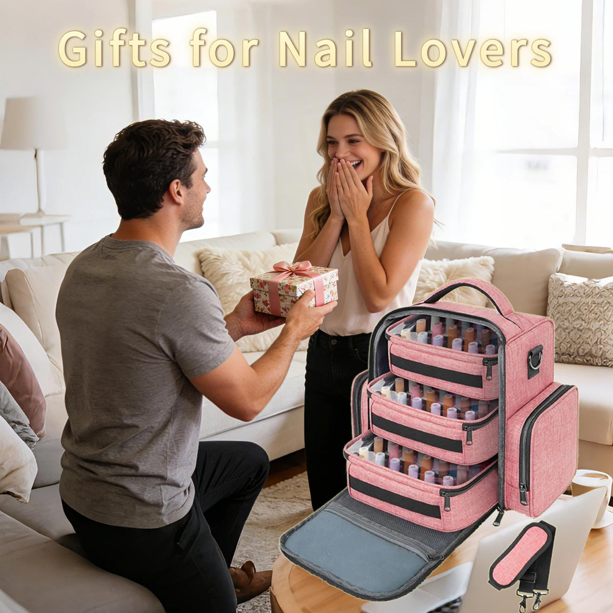 YOREPEK open bag with three removable pouches organized to hold many polishes for quick access